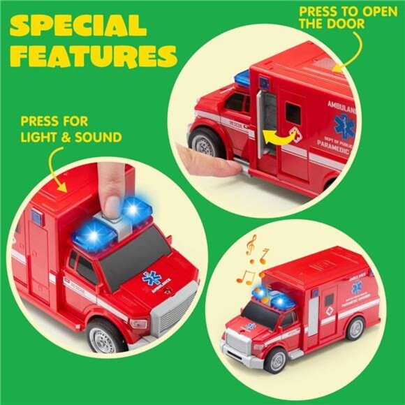 4 Pcs 7" Long Vehicle Toy Set, Toddlers Cars with Lights and Siren Sound - Picture 2 of 7